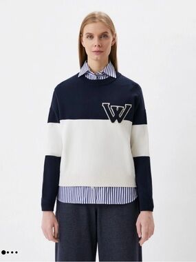 MaxMara Navy and White Stripe Block Crewneck Sweater with 'W' Patch